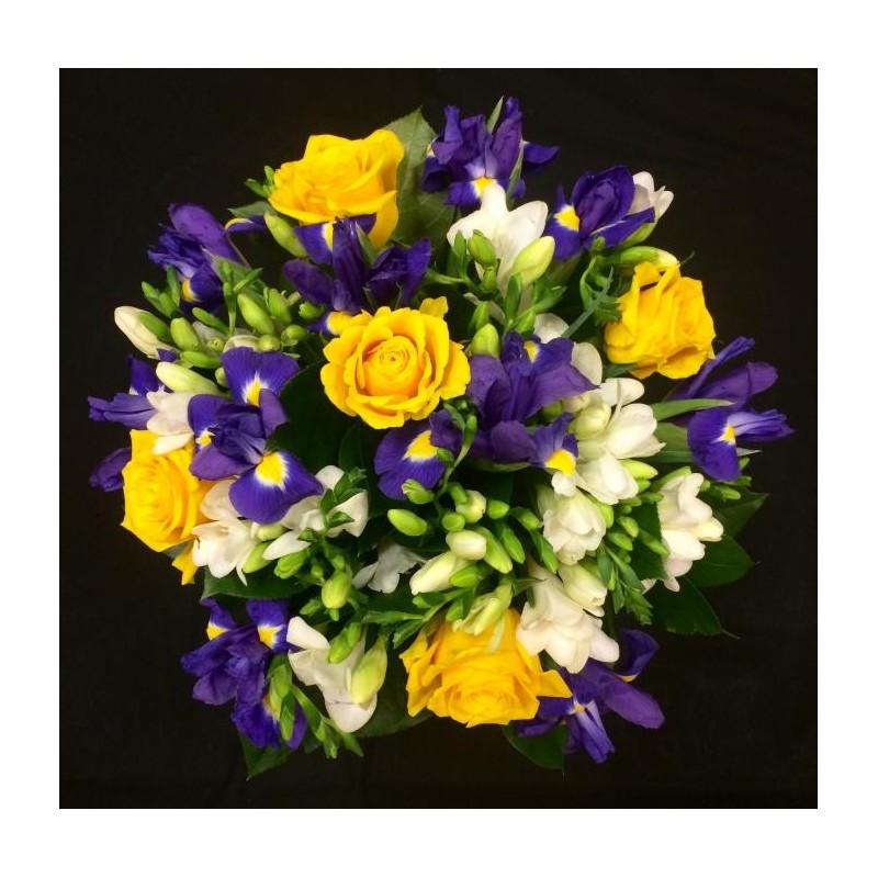 CHARLIE FETE DES PERES 40 TIGES COMPOSE DE 20 FREESIA+10 IRIS+5 ROSES JAUNES+5 SALLAL