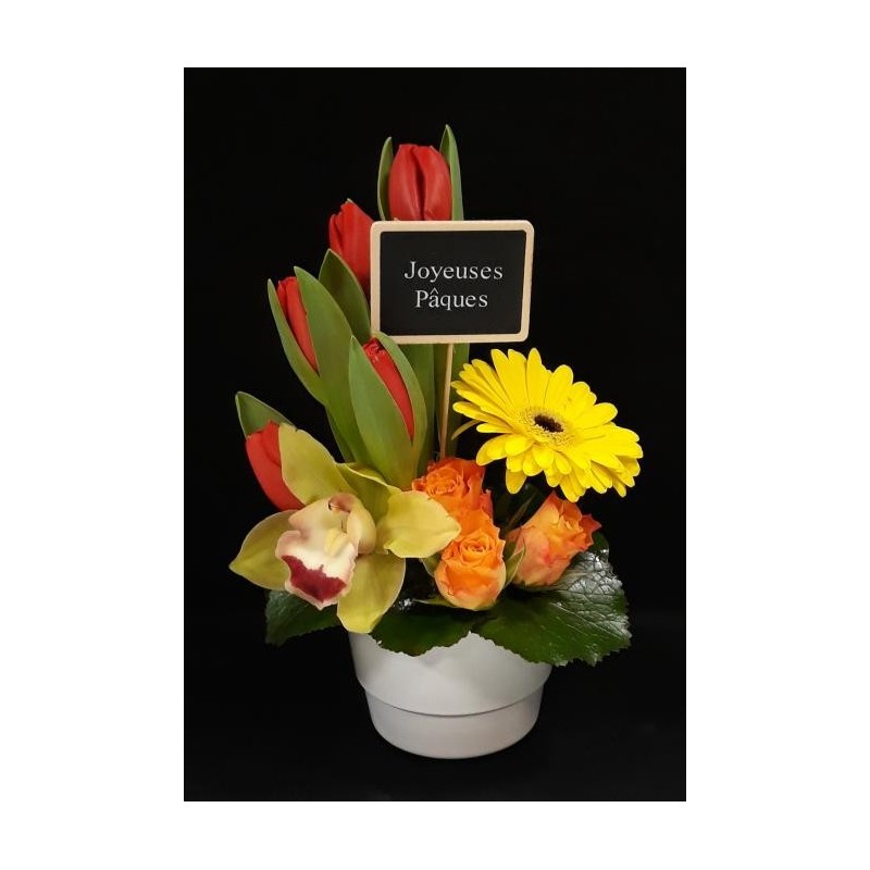 EDEN FETE DE PAQUES COMPOSITION HAUTEUR 15 CM AVEC POT CERAMIQUE 13 CM