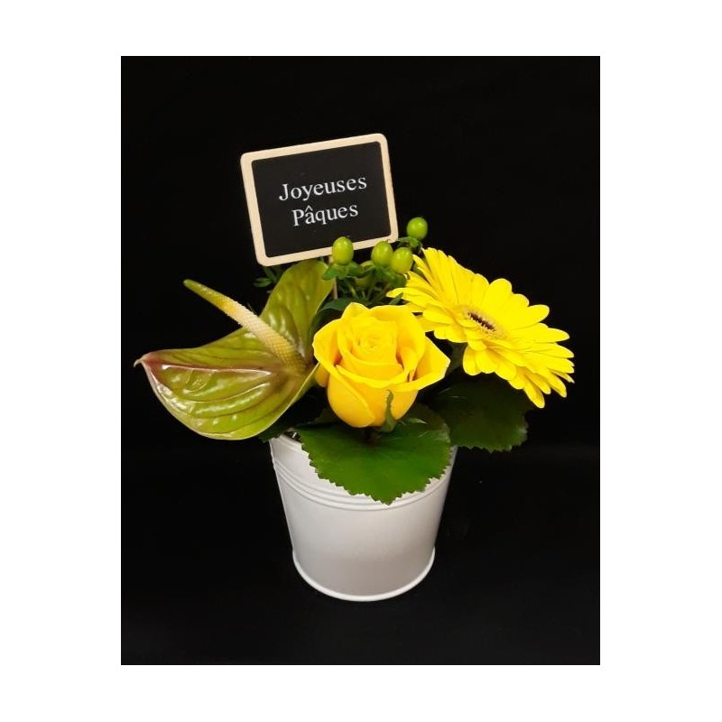 IRIS FETE DE PAQUES COMPOSITION 4 TIGES AVEC SEAU ZINC 10 5 CM