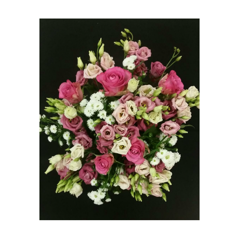 BOUQUET PROMOTION LISIANTHUS 21 TIGES COMPOSE DE 6 LISIANTHUS PLUS 5 ASTER PLUS 5 ROSES ROSE PETIT BOUTON PLUS 5 SALLAL