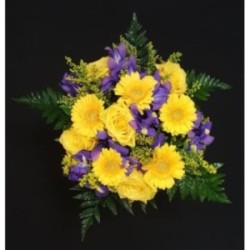 BOUQUET PROMOTION IRIS BLEU PAR 10 + ROSE JAUNE GB PAR 5 + GERMINI PAR 5 + COSTA PAR 5 + SALLAL PAR 5 + SOLIDAGO PAR 5