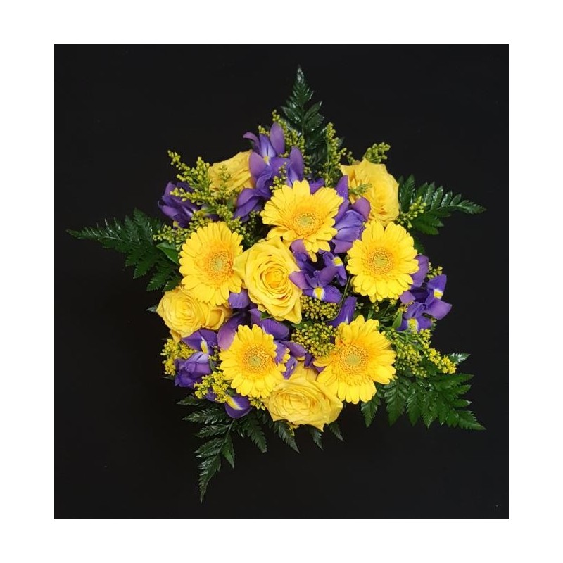 BOUQUET PROMOTION IRIS BLEU PAR 10 + ROSE JAUNE GB PAR 5 + GERMINI PAR 5 + COSTA PAR 5 + SALLAL PAR 5 + SOLIDAGO PAR 5