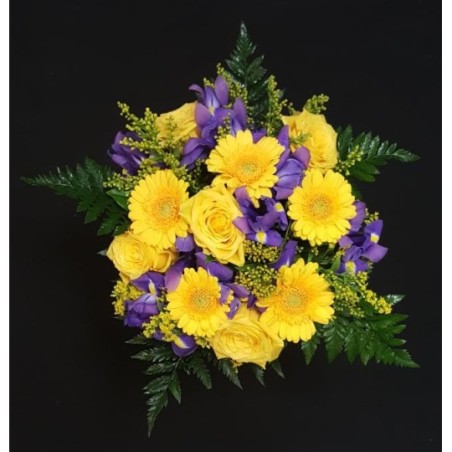 BOUQUET PROMOTION IRIS BLEU PAR 10 + ROSE JAUNE GB PAR 5 + GERMINI PAR 5 + COSTA PAR 5 + SALLAL PAR 5 + SOLIDAGO PAR 5