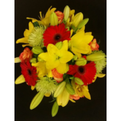BOUQUET PROMOTION LYS ASSORTIS 22 TIGES AVEC 6 LYS + 3 ANASTASIA + 5 ROSES ROUGE JAUNE + 5 SALLAL + 3 GERBERA