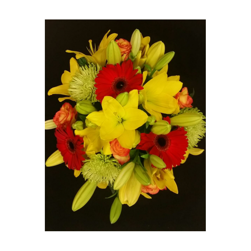 BOUQUET PROMOTION LYS ASSORTIS 22 TIGES AVEC 6 LYS + 3 ANASTASIA + 5 ROSES ROUGE JAUNE + 5 SALLAL + 3 GERBERA