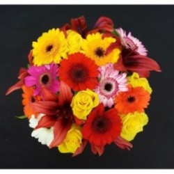 BOUQUET PROMOTION 23 TIGES GERMINI ASSORTI X10 +  SALLAL X5 + ROSE JAUNE MB X5 + LYS ASIATIQUES ASSORTI X3