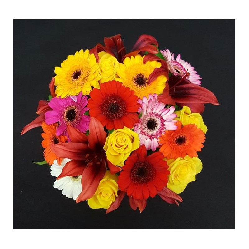 BOUQUET PROMOTION 23 TIGES GERMINI ASSORTI X10 +  SALLAL X5 + ROSE JAUNE MB X5 + LYS ASIATIQUES ASSORTI X3