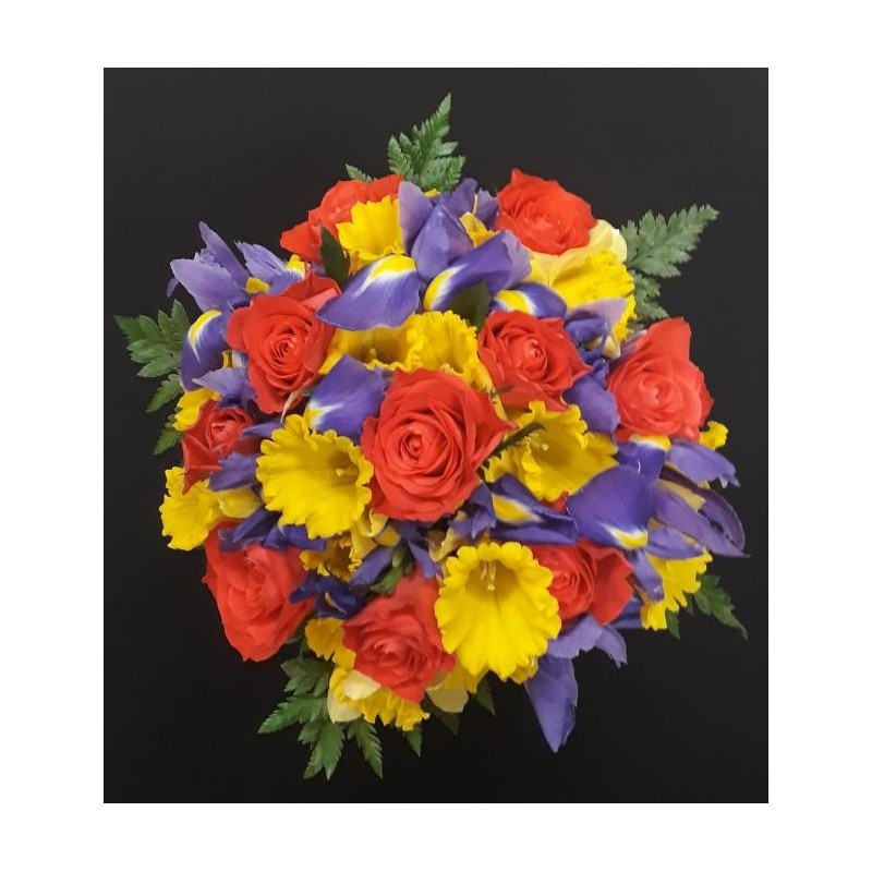BOUQUET PROMOTION 45 TIGES JONQUILLES COMPOSE DE 20 JONQUILLES + 10 IRIS + 10 ROSES PB ORANGE + 5 COSTA